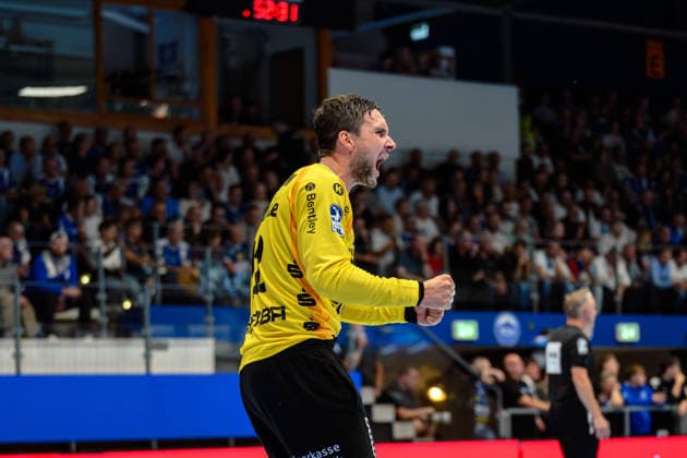 Daniel Rebmann of HBW Balingen Weilstetten, No. 12, celebrates a save in the match between ThSV Eisenach and HBW Balingen Weilstetten, No. 1, Opel Handball Bundesliga, Handball, Matchday 2, 2026–2027 season, September 3, 2026, GER, ThSV Eisenach vs. HBW Balingen Weilstetten, 1st Opel Handball Bundesliga, Handball, Matchday 2, 2026–2027 season, September 3, 2026, Eisenach Copyright: xMartinxHerbstx