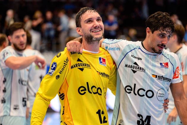 Daniel Rebmann of HBW Balingen Weilstetten, 12, and Yonatan Dayan of HBW Balingen Weilstetten, 34, celebrate after their victory over Eisenach (GER); ThSV Eisenach vs. HBW Balingen Weilstetten, 1 Opel Handball Bundesliga, Handball, Matchday 2, 2026–2027 season, September 3, 2026 GER, ThSV Eisenach vs. HBW Balingen Weilstetten, 1st Opel Handball Bundesliga, Handball, Matchday 2, 2026–2027 season, September 3, 2026 Eisenach Copyright: xMartinxHerbstx