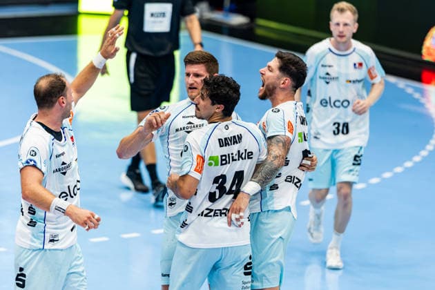 September 3, 2026, GER, Handball, Men, 2026–2027 Season, Opel 1st Division, Matchday 2, ThSV Eisenach vs. HBW Balingen Weilstetten; Tobias Heinzelmann (HBW Balingen Weilstetten), Yonatan Dayan (HBW Balingen Weilstetten), Csaba Leimeter (HBW Balingen Weilstetten) celebrate, Stefan Bauer, HBW Balingen Weilstetten, 99817 Eisenach, Werner Assmann Hall, Am Sportpark, Thuringia, Germany