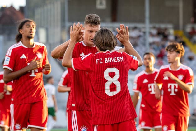 Goal, 1-0, for FC Bayern Amateurs. Goal scorers: David Heindl (5), FC Bayern Munich Amateurs; Bohdan Olychenko (8), FC Bayern Munich Amateurs; FC Bayern II vs. VfB Eichstätt, soccer, Bavarian Regional League, Matchday 7, September 4, 2026. DFB regulations prohibit any use of photographs as image sequences and or quasi-video. Munich, Bavaria, Germany Copyright: xkolbert-press UlrichxGamelx
