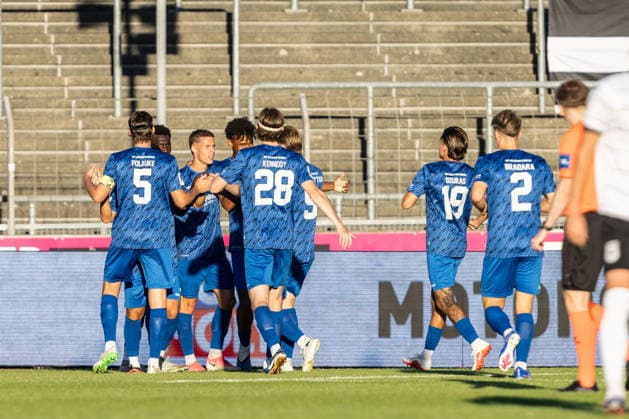 SSV Ulm 1846 Soccer vs. SGV Freiberg Heilbronn, Soccer, Regionalliga Southwest, Matchday 5, Donaustadion Ulm, September 4, 2026—Celebration, joy after a goal; goal scored by Michael Martin for SGV Heilbronn Freiberg, making the score 0–1, 8th minute—SSV Ulm 1846 Soccer vs. SGV Freiberg Heilbronn, Soccer, Regionalliga Southwest, Matchday 5, Donaustadion Ulm, September 4, 2026. Photo by Lucca Fundel, Ulm, Donaustadion, Baden-Württemberg, Germany