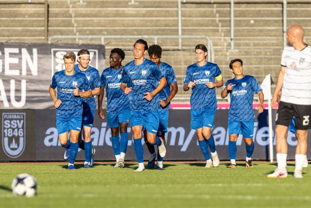 SSV Ulm 1846 Soccer vs. SGV Freiberg Heilbronn, Soccer, Regionalliga Southwest, Matchday 5, Donaustadion Ulm, September 4, 2026. Goal celebration, cheers, and joy after Michael Martin of SGV Heilbronn Freiberg scores the opening goal (0–1), 8 Team SGV Freiberg SSV Ulm 1846 Soccer vs. SGV Freiberg Heilbronn, Soccer, Southwest Regional League, Matchday 5, Donaustadion Ulm, September 4, 2026. Photo by Lucca Fundel, Ulm Donaustadion, Baden-Württemberg, Germany
