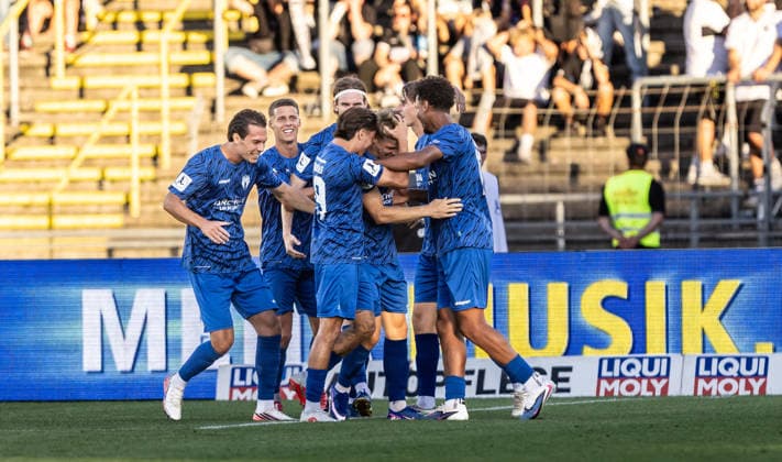 SSV Ulm 1846 Soccer vs. SGV Freiberg Heilbronn, Soccer, Regionalliga Southwest, Matchday 5, Donaustadion Ulm September 4, 2026, Shot on goal, Goal celebration, Cheering, Joy after a goal, Goal, Shot on goal for the 0–2 lead by Tino Bradara, SGV Heilbronn Freiberg, 2 Teams: SGV Freiberg, SSV Ulm 1846 Soccer vs. SGV Freiberg Heilbronn, Soccer, Regionalliga Southwest, Matchday 5, Donaustadion Ulm, September 4, 2026. Photo by Lucca Fundel, Ulm, Donaustadion, Baden-Württemberg, Germany