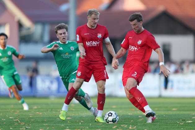 September 4, 2026, Men s, Soccer, 2026–2027 Season, Bavarian Regional League, Matchday 7: TSV Aubstadt vs. SpVgg Ansbach. Nico Hayer (28), SpVgg Ansbach; Steffen Behr (16), TSV Aubstadt; and Tim Hüttl (3), TSV Aubstadt, Sulzfeld, Schulstadion Aubstadt, NGN Arena, Bavaria, Germany