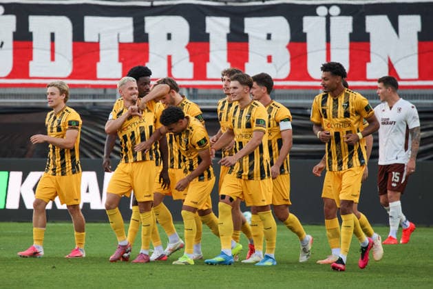 Aachen celebrates after Lukas Scepanik (Alemannia Aachen, No. 7) scores the 0-1 goal in the match between FC Ingolstadt 04 and Alemannia Aachen on September 4, 2026, DFB regulations prohibit any use of photographs as image sequences and or quasi-video. GER, Soccer, 3. Liga, Matchday 4, FC Ingolstadt 04 vs. Alemannia Aachen, September 4, 2026, Audi Sportpark Ingolstadt Copyright: xEibner-Pressefoto OliverxSTRISCHx EP-OSH