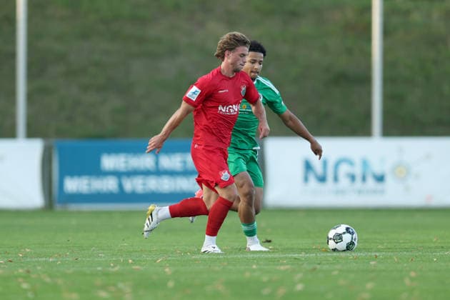 September 4, 2026, Men s, Soccer, 2026–2027 season, Bavarian Regional League, Matchday 7: TSV Aubstadt vs. SpVgg Ansbach; Marvin Weiß (18, TSV Aubstadt) and Tyron Koomson (20, SpVgg Ansbach); Sulzfeld School Stadium, Aubstadt; NGN Arena, Bavaria, Germany