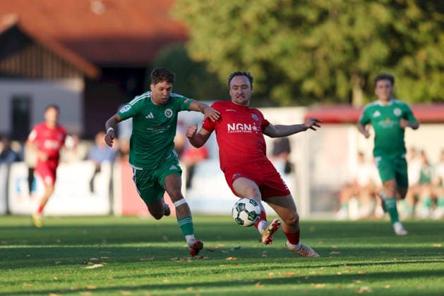 September 4, 2026, Men s, Soccer, 2026–2027 season, Bavarian Regional League, Matchday 7: TSV Aubstadt vs. SpVgg Ansbach; Björn Angermeier (8), SpVgg Ansbach, and Marco Nickel (29), TSV Aubstadt; Sulzfeld School Stadium, Aubstadt; NGN Arena, Bavaria, Germany
