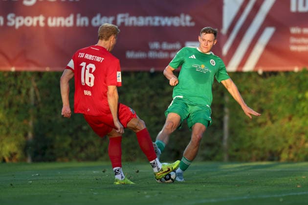 September 4, 2026, Men s, Soccer, 2026–2027 season, Bavarian Regional League, Matchday 7: TSV Aubstadt vs. SpVgg Ansbach; Riko Manz (29), SpVgg Ansbach, and Steffen Behr (16), TSV Aubstadt; Sulzfeld School Stadium, Aubstadt; NGN Arena, Bavaria, Germany