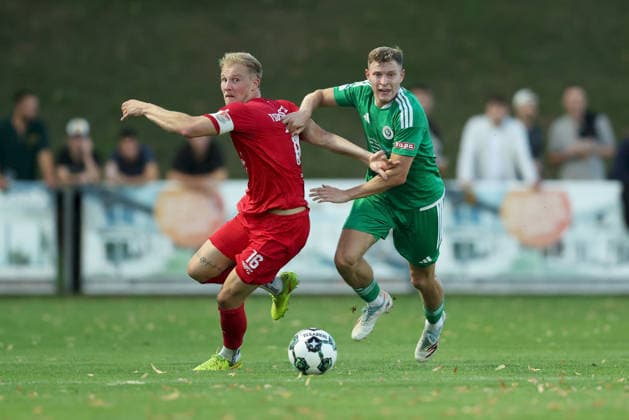 September 4, 2026, Men s, Soccer, 2026–2027 Season, Bavarian Regional League, Matchday 7: TSV Aubstadt vs. SpVgg Ansbach; Steffen Behr (16), TSV Aubstadt, and Riko Manz (29), SpVgg Ansbach; Sulzfeld School Stadium, Aubstadt; NGN Arena; Bavaria, Germany