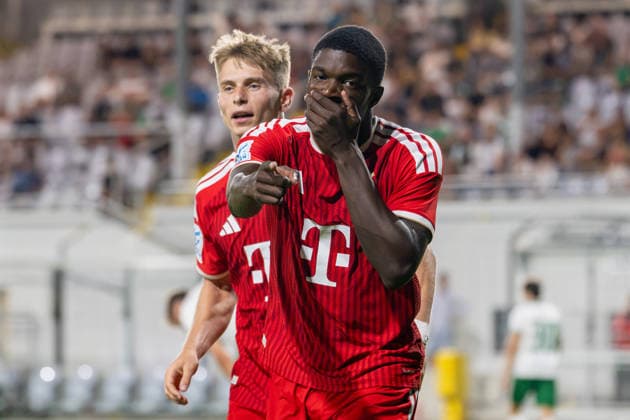 Goal celebration after the 3-0 goal, Assomo Bastian Friedrich 20, FC Bayern Munich Amateurs, FC Bayern II vs. VfB Eichstätt, soccer, Bavarian Regional League, Matchday 7, September 4, 2026. DFB regulations prohibit any use of photographs as image sequences and or quasi-video. Munich, Bavaria, Germany Copyright: xkolbert-press UlrichxGamelx