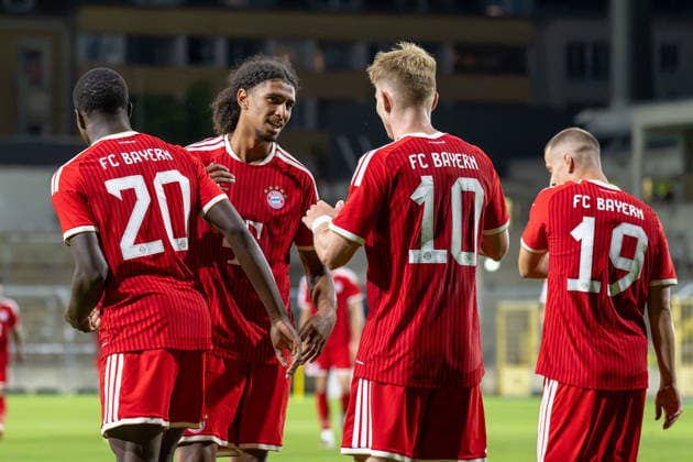Goal celebration after the 3-0, Assomo Bastian Friedrich 20 FC Bayern Munich Amateurs, Noah Codjo Evora 9, FC Bayern Munich Amateurs; Anton Heinz 10, FC Bayern Munich Amateurs; Gashi Yll 19, FC Bayern Munich Amateurs; FC Bayern II vs. VfB Eichstätt, soccer, Bavarian Regional League, Matchday 7, September 4, 2026. DFB regulations prohibit any use of photographs as image sequences and or quasi-video. Munich, Bavaria, Germany Copyright: xkolbert-press UlrichxGamelx