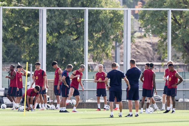 September 5, 2026, Sant Joan Despi, Barcelona, Spain: Gavi, Dani Olmo and Hansi Flick, head coach during the training day of FC Barcelona, Barca ahead the Spanish League, Laliga EA Sports, football match against Valencia CF at Ciudad Esportiva Joan Gamper on September 05, 2026 in Sant Joan Despi, Barcelona, Spain. Sant Joan Despi Spain - ZUMAa181 20260905_zaa_a181_023 Copyright: xJavierxBorregox