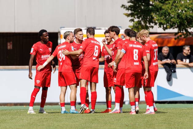 TSV Buchbach scores the 0-1 goal in the match between TSV Landsberg and TSV Buchbach, soccer, men s, Bavarian Regional League, 2026–2027, Matchday 7 on September 5, 2026, in Landsberg am Lech, Sportpark, Bavaria, Germany