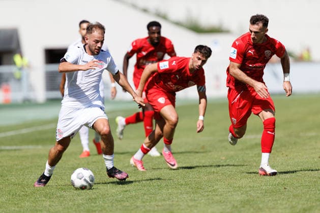 Jeton Abazi 9, TSV Landsberg, and Samed Bahar 8, TSV Buchbach, in the match between TSV Landsberg and TSV Buchbach, soccer, men s, Bavarian Regional League, 2026–2027, Matchday 7 on September 5, 2026, in Landsberg am Lech, Sportpark, Bavaria, Germany