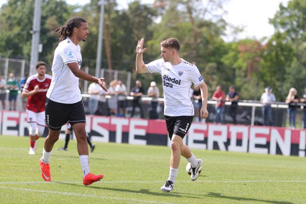 September 5, 2026, Soccer, Men s, 2026–2027 season, Bavarian Regional League, Matchday 7: 1 FC Nuremberg II vs. FC Schweinfurt 05. From left: Morris Adelabu (FC Schweinfurt 05, 27) and goal scorer Philipp Hack (FC Schweinfurt 05, 07 celebrate the 1–1 draw at Nuremberg’s Max Morlock Stadium in Sportpark V, Bavaria, Germany
