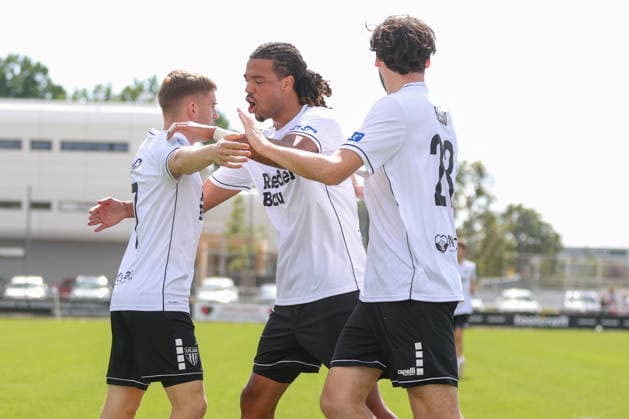 September 5, 2026, Soccer, Men s, 2026–2027 Season, Bavarian Regional League, Matchday 7: 1 FC Nuremberg II vs. FC Schweinfurt 05. From left: Goal scorer Philipp Hack of FC Schweinfurt 05, 07, Morris Adelabu of FC Schweinfurt 05, No. 27, and Pietro Besso of FC Schweinfurt 05, No. 23, celebrate the 1–1 draw at the Max Morlock Stadium in Sportpark V, Nuremberg, Bavaria, Germany