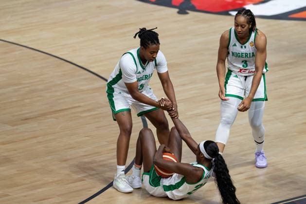 Victoria Macaulay (Nigeria), 25, on the floor; Jordan Obi (Nigeria), 05; Pallas Kunaiyi (Nigeria), 03; GER; Nigeria vs. Hungary; Basketball; 2026 FIBA Women’s World Cup; Group Stage; Matchday 2; September 5, 2026, GER, Nigeria vs. Hungary, Basketball, 2026 FIBA Women’s World Cup, Group Stage, Matchday 2, September 5, 2026, Berlin Copyright: xEibner-Pressefoto MaxxVincenx EP_MVN