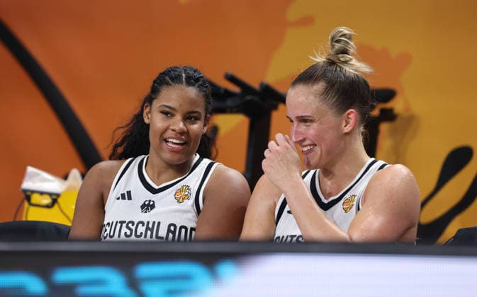 Nyara Sabally laughs with Leonie Fiebich on the bench. Action, Upper Body, Sports, Basketball, FIBA World Cup, World Championship, Women s World Cup, 2026-2027 season, May 9, 2026, DBB, Germany (GER) vs. Japan (JPN)
