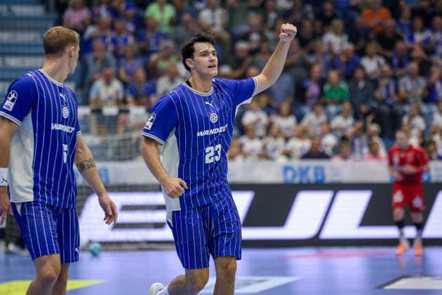 September 5, 2026, xsefx, Handball, 1st HBL, VfL Gummersbach vs. MT Melsungen, 2026–2027 Men’s Season, Schwalbe Arena: Nikola Roganovic of VfL Gummersbach, No. 23, celebrates after scoring a goal in North Rhine-Westphalia, Germany