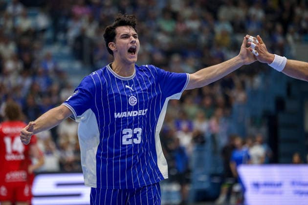 September 5, 2026, xsefx, Handball, 1st HBL, VfL Gummersbach vs. MT Melsungen, 2026–2027 Men’s Season, Schwalbe Arena: Nikola Roganovic of VfL Gummersbach, No. 23, celebrates after scoring a goal in North Rhine-Westphalia, Germany