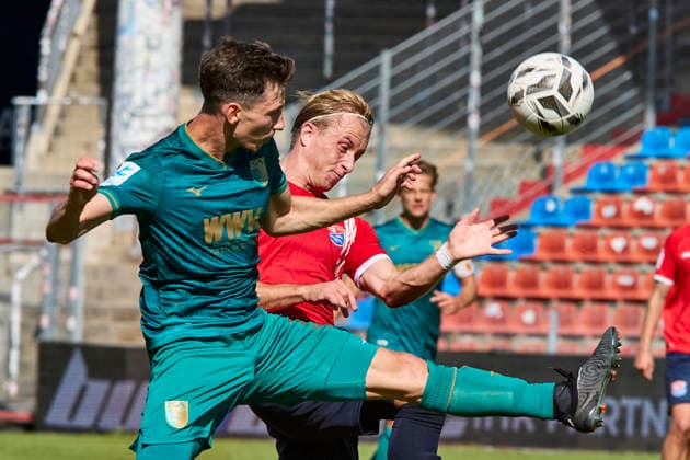 Bavarian Regional League, SpVgg Unterhaching vs. FC Augsburg, SpVgg Unterhaching, SpVgg Unterhaching I, FC Augsburg, Augsburg FC II, September 5, 2026, in Munich, Unterhaching, Alpenbauer Sportpark, Unterhaching, WESTERMEIER Ben Luca, SpVgg Unterhaching, Defensive Midfielder No. 5, UHG5, SCHUMACHER Till Sebastian, FC Augsburg II, Left Back, No. 33, FCAII33, Sportworld, Munich, Unterhaching, Alpenbauer Sportpark, Unterhaching, Bavaria, Germany