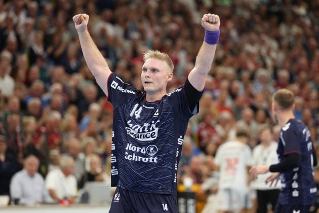 September 5, 2026, xBHAx, Handball, Opel HBL, 2026–2027 season, 1. HBL, SG Flensburg-Handewitt vs. HC Erlangen, GGW Arena Emil Bergholt, SG Flensburg-Handewitt 14, celebrating, Schleswig-Holstein, Germany