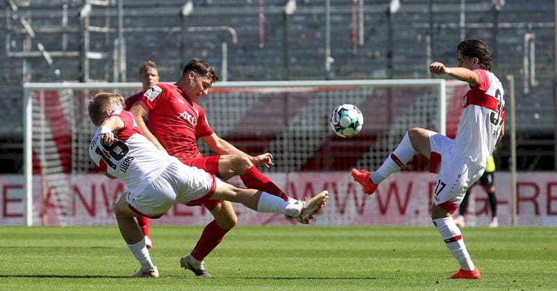 September 6, 2026, xfsx, Men s, Soccer, 2026–2027 Season, 3rd Division, Matchday 4: FC Würzburger Kickers vs. VfB Stuttgart II; from left: Jonathan Akaegbobi (VfB Stuttgart II), Tim Kraus (FC Würzburger Kickers), David Preu (VfB Stuttgart II); Würzburg, AKON ARENA, Bavaria, Germany