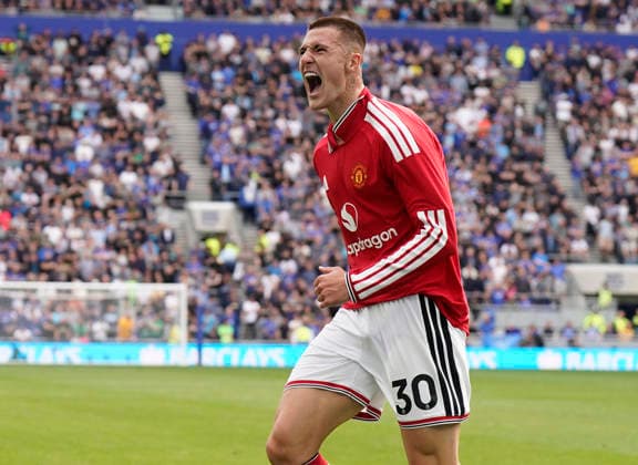 Liverpool, England, 6th September 2026. Benjamin Sesko of Manchester United, ManU celebrates after scoring their second goal during the Everton vs Manchester United Premier League match at Hill Dickinson Stadium, Liverpool. Picture credit should read: Andrew Yates Sportimage EDITORIAL USE ONLY. No use with unauthorised audio, video, data, fixture lists, club league logos or live services. Online in-match use limited to 120 images, no video emulation. No use in betting, games or single club league player publications. SPI_015_AY_EVERTON_MAN_UTD SPI-4979-0015