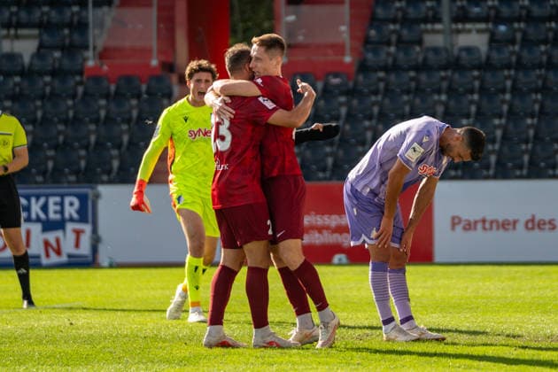 Loris Maier (SG Sonnenhof Großaspach, 27) celebrates his goal—making the score 1–0—with Fabian Eisele (SG Sonnenhof Großaspach), who provided the assist, 23, SG Sonnenhof Großaspach vs. TSG 1899 Hoffenheim II, soccer, 3rd Division, Matchday 4, September 6, 2026. DFB regulations prohibit any use of photographs as image sequences and or quasi-video. Aspach, Baden-Württemberg, Germany Copyright: xkolbert-press PhilipxZieglerx