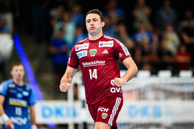 TVB Stuttgart vs. Füchse Berlin, Handball 1 Bundesliga, Men s, 2026–2027 Season, TVB Stuttgart vs. Füchse Berlin, Porsche Arena, Berlin, Aitor Arino celebrates, Stuttgart, Porsche Arena, Baden-Württemberg, Germany