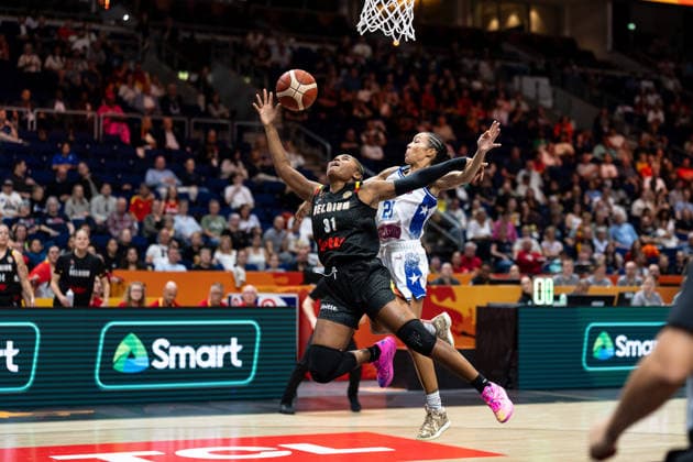 Maxuella Lisowa Mbaka (Belgium), 31, making a layup; Trinity San Antonio (Puerto Rico), 23; GER; Puerto Rico vs. Belgium; Basketball; 2026 FIBA Women’s World Cup; Group Stage; Matchday 2; September 6, 2026, GER, Puerto Rico vs. Belgium, Basketball, 2026 FIBA Women’s World Cup, Group Stage, Matchday 2, September 6, 2026, Berlin Copyright: xEibner-Pressefoto MaxxVincenx EP_MVN