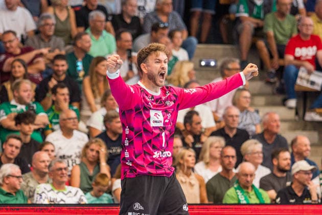 06 09 26 FRISCH AUF Göppingen vs. THW Kiel, Germany, Göppingen, September 6, 2026, Handball, Bundesliga, 2026–2027 season, FRISCH AUF Göppingen vs. THW Kiel, Gonzalo Pérez de Vargas (THW Kiel), celebrating