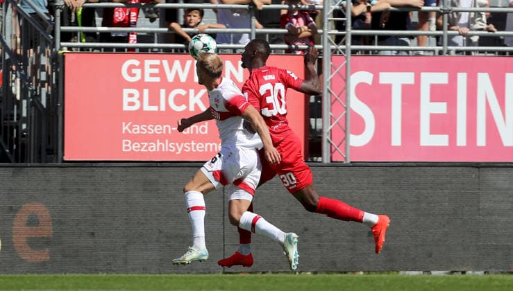 September 6, 2026, xfsx, Men s, Soccer, 2026–2027 Season, 3rd Division, Matchday 4: FC Würzburger Kickers vs. VfB Stuttgart II (from left: Alexander Groiss, VfB Stuttgart II; Tarsis Bonga, FC Würzburger Kickers) at Akon Arena, Würzburg, Bavaria, Germany