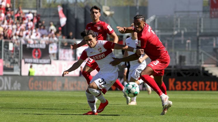 September 6, 2026, xfsx, Men s, Soccer, 2026–2027 Season, 3rd Division, Matchday 4: FC Würzburger Kickers vs. VfB Stuttgart II; from left: Thomas Kastanaras (FC Würzburger Kickers), David Preu (VfB Stuttgart II), David Abrangão (FC Würzburger Kickers); Würzburg, AKON ARENA, Bavaria, Germany