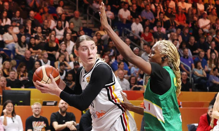 Luisa Geiselsöder with the ball, Mama Cisse, defensive play, game action, sports, basketball, FIBA World Cup, World Championship, Women s World Cup, 2026-2027 season, July 9, 2026, DBB, Germany (GER) vs. Mali