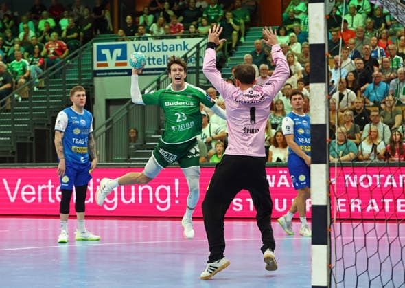 September 7, 2026, xovx, Handball, Opel Handball Bundesliga, HSG Wetzlar vs. ThSV Eisenach, Oskar Joelsson (ThSV Eisenach), Marti Soler (HSG Wetzlar), Matija Spikic (ThSV Eisenach), Gian Attenhofer (ThSV Eisenach), Wetzlar, Buderus Arena, Hesse, Germany, DE