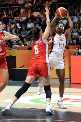 September 7, 2026, Basketball, Women s, FIBA Basketball World Cup, 2026, USA vs. Czechia, Jackie Young (USA) 13, Natalie Stoupalova (Czechia) 5, Berlin Uber Arena, Berlin, Germany Copyright: xNordphotox xEnglerx