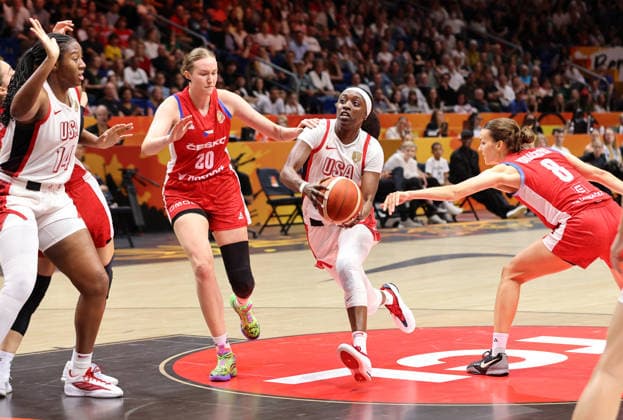 Natalie Koucka, Kahleah Copper with the ball, Veronika Vorackova, one-on-one, game scene, action, sports, basketball, FIBA World Cup, World Championship, Women s World Cup, 2026–2027 season, July 9, 2026, USA vs. Czech Republic, CZE