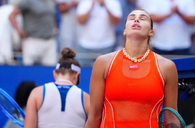 Relief for Aryna Sabalenka after defeating Linda Noskova in three sets 2026 US Open, Day Ten, USTA Billie Jean King National Tennis Center, New York, USA - 08 Sep 2026New York USTA Billie Jean King National T New York (NY) United States of America EDITORIAL USE ONLY No use with unauthorised audio, video, data, fixture lists, club league logos or live services. Online in-match use limited to 120 images, no video emulation. No use in betting, games or single club league player publications. Copyright: xJavierxGarcia Shutterstockx 17140156ae
