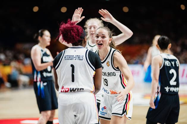 FIBA Women’s Basketball World Cup 2026: Germany vs. South Korea, September 8, 2026. Britta Daub (Germany, No. 19) cheers for Alexis Peterson (Germany, No. 1). CELEBRATION. Basketball, FIBA Women’s Basketball World Cup 2026, Final Round, Qualifier for the Quarterfinals: Germany vs. South Korea on September 8, 2026, at the Uber Arena, Berlin Copyright: xBEAUTIFULxSPORTS Tonhäuserx