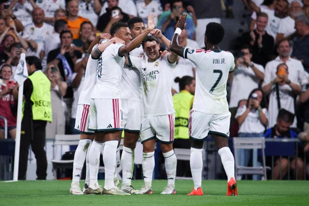 Real Madrid vs. FC Internazionale Milano, UEFA Champions League 2026–27, September 8, 2026, Santiago Bernabéu Stadium, Madrid, Spain. Federico Valverde of Real Madrid celebrates his goal with his teammates Vinicius Junior, Kylian Mbappé, Jude Bellingham, and Brahim Díaz during the UEFA Champions League 2026–27 soccer match between Real Madrid and FC Internazionale Milano at the Santiago Bernabéu Stadium on September 8, 2026, in Madrid, Spain Madrid Santiago Bernabéu Stadium Madrid Spain Copyright: xAlejandroxMatiasxAcostax