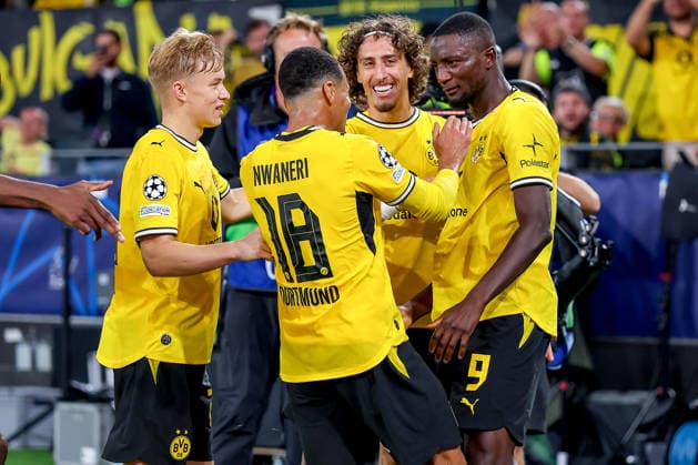 September 8, 2026, Soccer, UEFA Champions League, Borussia Dortmund vs. Villarreal CF, Champions League Matchday 1, Signal Iduna Park, 2026–27 season: Goal celebration after Serhou Guirassy (BVB 09) scored the 2–1 goal, together with Fabio Silva (BVB 21), Ethan Nwaneri (BVB 18), and Daniel Svensson (BVB 24). DFB regulations prohibit any use of photographs as image sequences and or quasi video, North Rhine-Westphalia, Germany