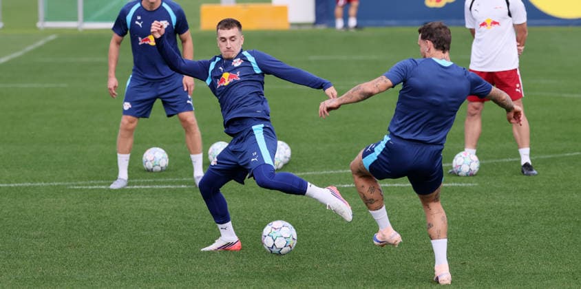 RB Leipzig Training: Champions League Matchday 1, Leipzig, September 9, 2026, Red Bull Academy, Soccer, Champions League, Matchday 1, RB Leipzig, Final training session before the away game in Como, Pictured from left: Brajan Gruda, David Raum, For editorial use only, Picture Point