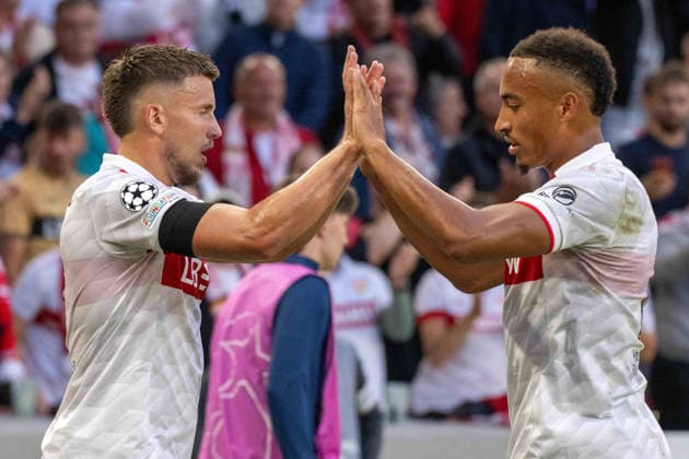 Goal celebration by scorer Ermedin Demirovic; Jamie Leweling of VfB Stuttgart celebrates with joy, xettx, Germany, Stuttgart, September 9, 2026, Soccer, UEFA Champions League: VfB Stuttgart vs. Viking FK Stavanger, 2026–2027 season, Match Day 1, MHP Arena