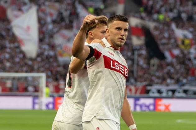 Celebrations after Ermedin Demirovic of VfB Stuttgart scored the opening goal, 2-1, 09, celebrating with Chris Führich of VfB Stuttgart, 10, Grischa Prömel of VfB Stuttgart, 21, Deniz Undav of VfB Stuttgart, 26, Grischa Prömel of VfB Stuttgart, 21, GER, VfB Stuttgart vs. Viking FK Stavanger, Soccer, UEFA Champions League, Matchday 1, 2026–2027 Season, September 9, 2026, GER, VfB Stuttgart vs. Viking FK Stavanger, soccer, UEFA Champions League, Matchday 1, 2026–2027 season, September 9, 2026, Stuttgart Copyright: xEibner-Pressefoto EdwardxCheungx EP_ECG