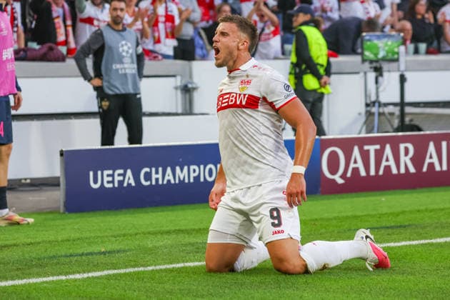 09 09 26 VfB Stuttgart vs. Viking Stavanger, Germany, Stuttgart, 09 09 2026, Soccer, UEFA Champions League, 2026–2027 season, VfB Stuttgart vs. Viking Stavanger, Ermedin Demirovic, VfB Stuttgart, celebrating a goal (2–1), Demirovic