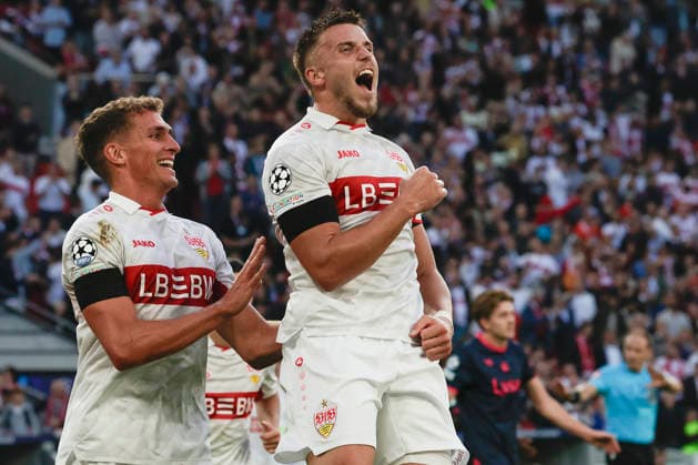 Pictured: Celebrations after the goal that made it 3–1, from left: Grischa Proemel (VfB Stuttgart, 21) and goal scorer Ermedin Demirovic (VfB Stuttgart), September 9, 2026, VfB Stuttgart vs. Viking FK, UEFA Champions League, Matchday 1, Germany, Stuttgart, MHP Arena, DFL REGULATIONS PROHIBIT ANY USE OF PHOTOGRAPHS AS IMAGE SEQUENCES AND OR QUASI-VIDEO Copyright: HMBxMedia xJulienxBecker