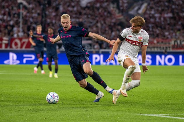 Henrik Björdal, Viking FK Stavanger, and Maximilian Mittelstädt, VfB Stuttgart, xettx, Germany, Stuttgart, September 9, 2026, Soccer, UEFA Champions League: VfB Stuttgart vs. Viking FK Stavanger, 2026–2027 season, Match Day 1, MHP Arena