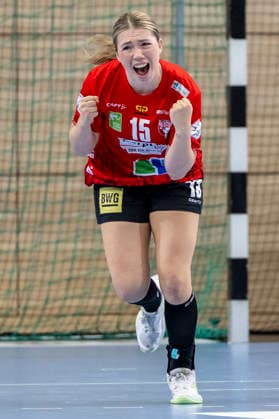 Alsco Women s Handball Bundesliga, 2026–2027 Season: SV Union Halle Neustadt vs. HSG Blomberg Lippe, Halle, Germany, September 9, 2026. Pictured: Fabienne Büch (Buech) of Halle—celebration, joy, emotion, goal celebration, Goal Scorer, Halle Saale SWH Arena, Saxony-Anhalt, Germany