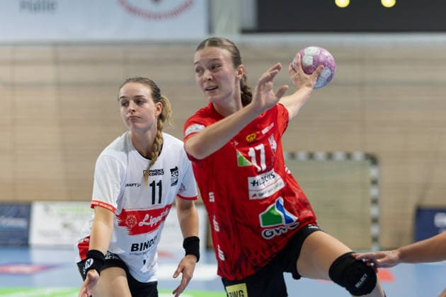 Isabelle Axmann Blomberg, 11, Emma Hertha Halle, 17, SV Union Halle Neustadt vs. HSG Blomberg Lippe, Women s Handball Bundesliga 1, Matchday 3 of the 2026–27 season, September 9, 2026, Halle SWH Arena, Saxony-Anhalt, Germany
